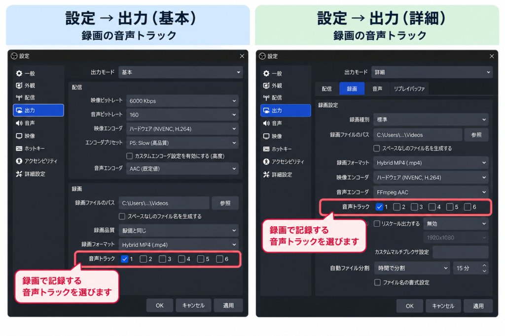 OBS Studioの録画用音声トラック設定